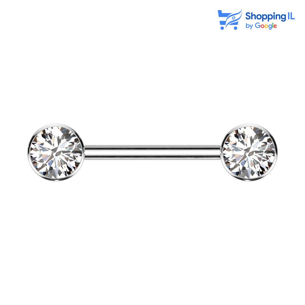 עגיל לפיטמה טיטניום - עגיל לפיטמה קלאסי עשוי טיטניום TITANIUM 6AL-4V-ELI ASTM F-136. עגיל בעיצוב קלאסי עם סגירת "פוש" ומשובץ זוג אבני זירקון במרכז הסוגרים. צבע - כסף כהה, אדום מידה - מגיע בעובי 1.2/1.6 מ"מ ובאורך 12/14מ"מ | קוטר סוגר 6 מ"מ  העגיל מיועד בעיקר לאזורים הבאים: - פירסינג בפיטמה