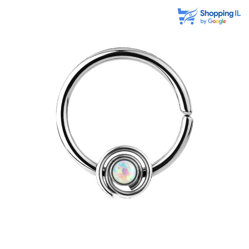 סופה - Labass חישוק סופה - עגיל חישוק עשוי מתכת רפואית, סגירת החישוק מתבצעת בעזרת כיפוף. העגיל בעיצוב חישוק כשבמרכזו יש אבן אופל. צבע - כחול, לבן מידה - מגיע בעובי של 1.2 מ"מ ובקוטר 10 מ"מ  העגיל מיועד בעיקר לאזורים הבאים: - פירסינג ספטום - פירסינג דיית' - פירסינג פיטמה - כמובן שניתן לענוד את העגיל גם באזורים אחרים (: