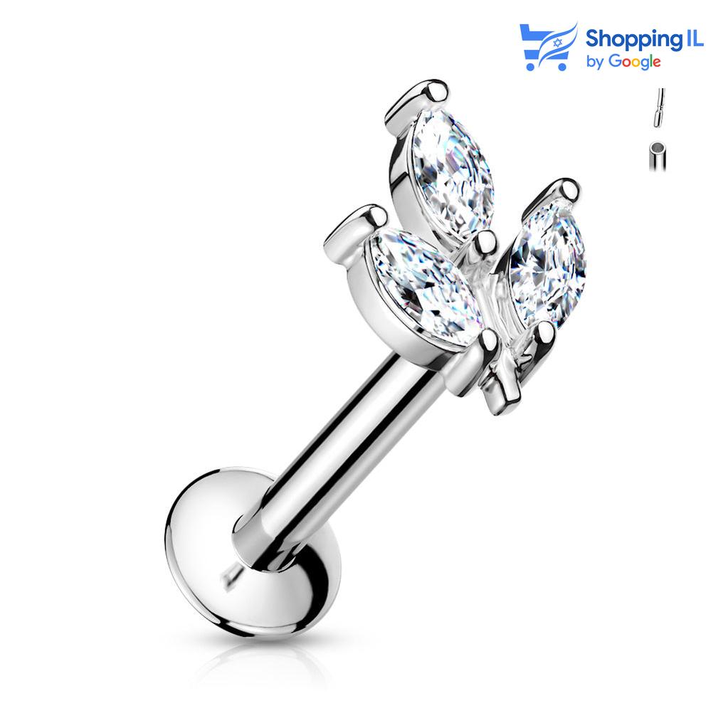 עגיל ריף - עגיל לברט עשוי מתכת רפואית עם סגירת פוש. העגיל בעיצוב עלה משובץ שלושה אבני זירקון. צבע - זהב רוז מידה - מגיע בעובי של 1.2 מ"מ ובאורך 6 מ"מ  העגיל מיועד בעיקר לאזורים הבאים: - פירסינג בשפה - פירסינג קונץ' - פירסינג הליקס - פירסינג טראגוס - כמובן שניתן לענוד את העגיל גם באזורים אחרים (: