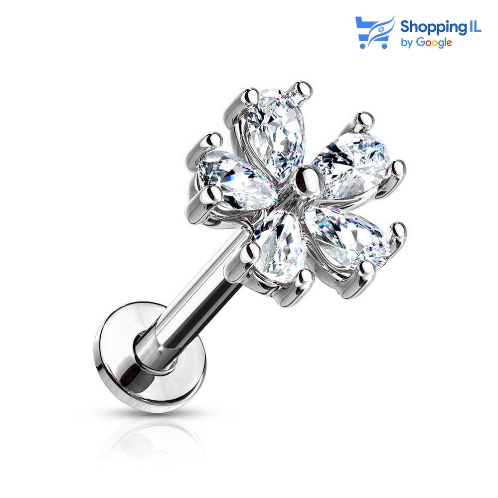 עגיל פרח פורח- עשוי מתכת רפואית מצופה רודיום ובעלת הברגה פנימית. העגיל בעיצוב פרח פורח משובץ זירקונים כעלי כותרת. צבע - כסוף מידה - מגיע בעובי של 1.2 מ"מ ובאורך 6 מ"מ  העגיל מיועד בעיקר לאזורים הבאים: - פירסינג קונץ' - פירסינג הליקס - פירסינג פלאט -  פירסינג טראגוס - כמובן שניתן לענוד את העגיל גם באזורים אחרים (: