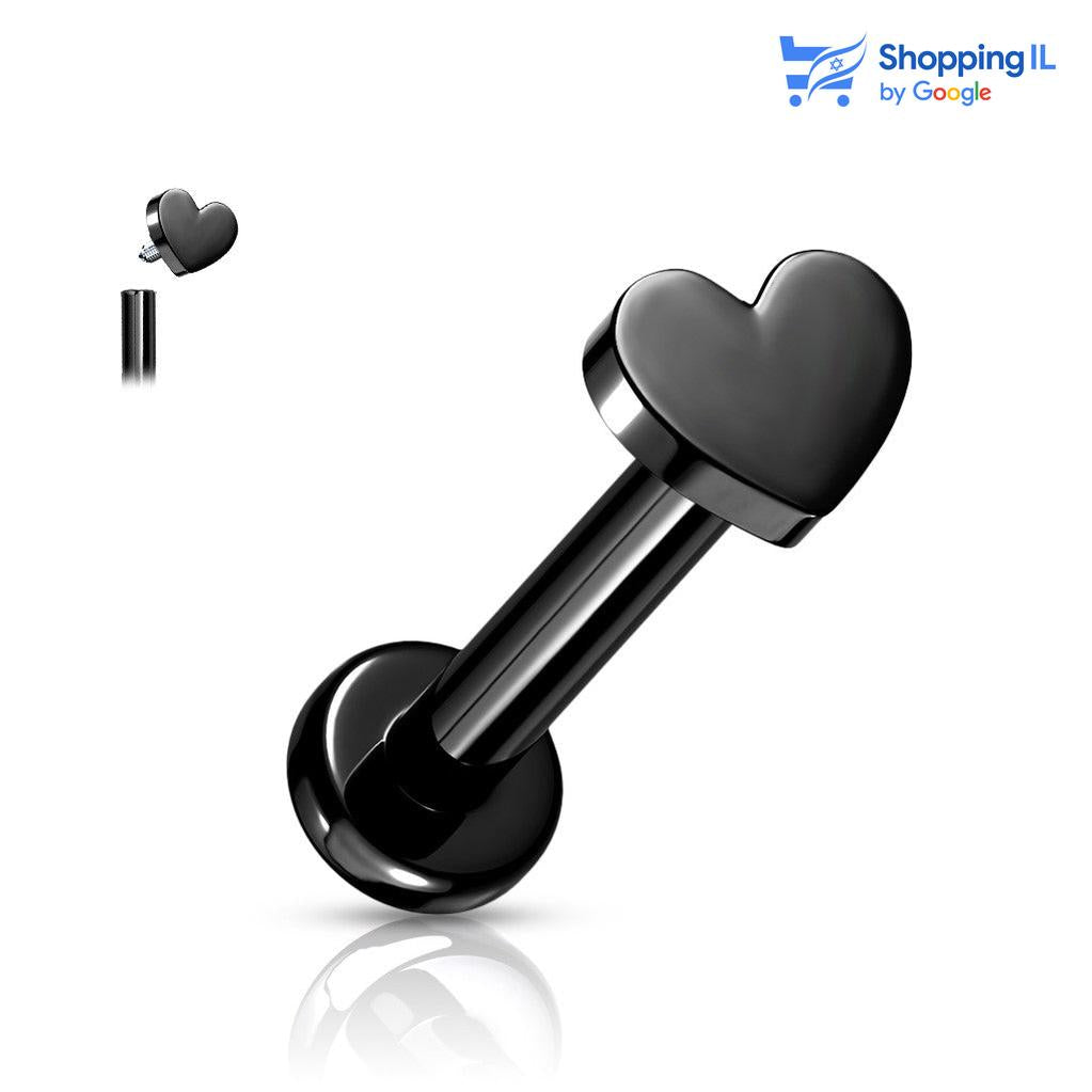 עגיל לב - עגיל לברט עשוי טיטניום TITANIUM 6AL-4V-ELI ASTM F-136. העגיל בעיצוב לב קטן ועדין בעל הברגה פנימית. צבע -כסוף כהה, שחור וזהב בציפוי PVD. מידה - מגיע בעובי של 1.2 מ"מ ובאורך 6 מ"מ  העגיל מיועד בעיקר לאזורים הבאים: - פירסינג לברט - פירסינג קונץ' - פירסינג הליקס - פירסינג טראגוס