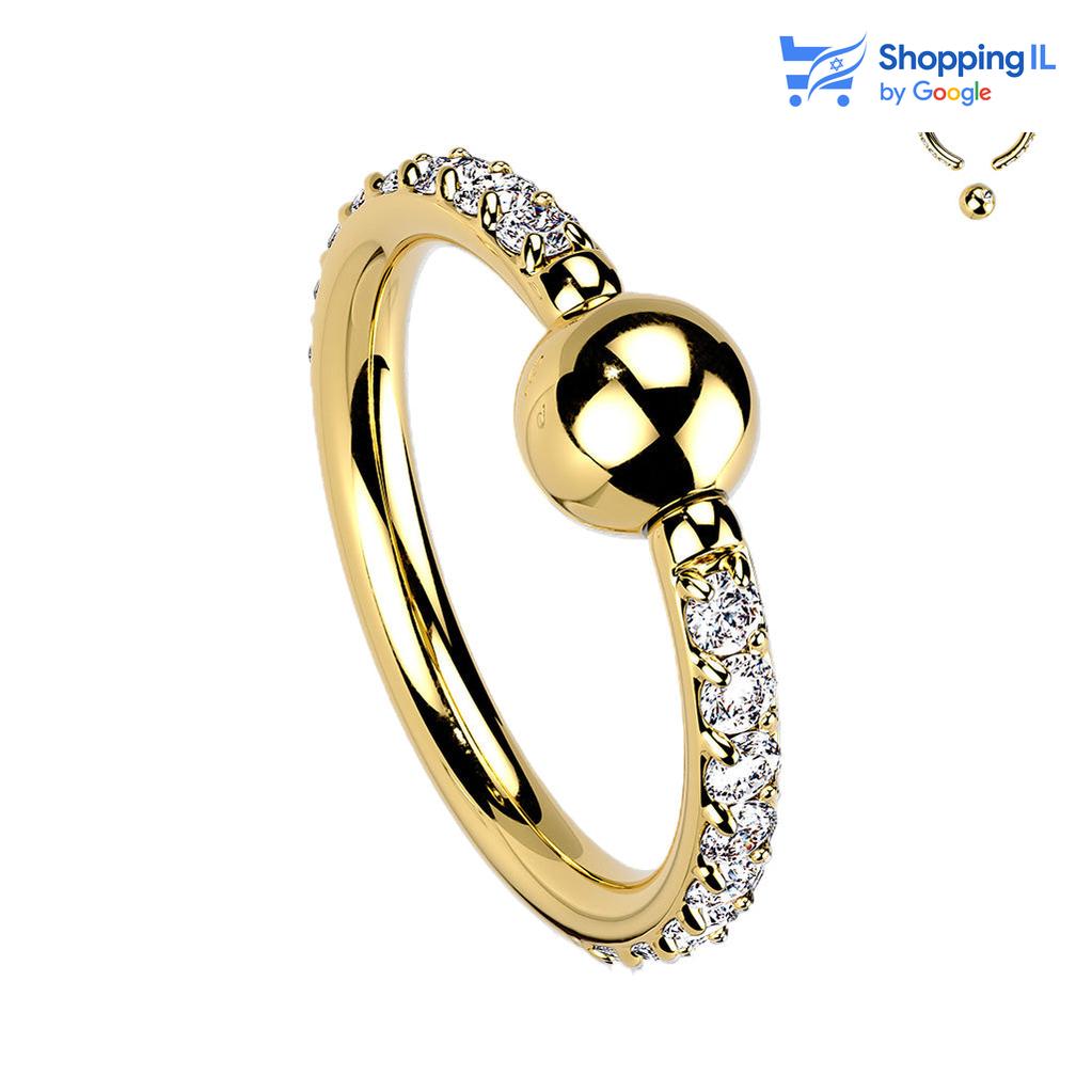 חישוק לחץ משובץ זירקונים- עגיל לחץ עשוי טיטניום TITANIUM 6AL-4V-ELI ASTM F-136 בציפי PVD. העגיל בעיצוב עגיל לחץ משובץ באבני זירקון. צבע - כסוף, זהב מידה - מגיע בעובי של 1.2 מ"מ ובקוטר 10 מ"מ. קוטר סוגר - 3 מ"מ  העגיל מיועד בעיקר לאזורים הבאים: - פירסינג ספטום - פירסינג פיטמה - פירסינג קונץ' - פירסינג בטבור - כמובן שניתן לענוד את העגיל גם באזורים אחרים (: