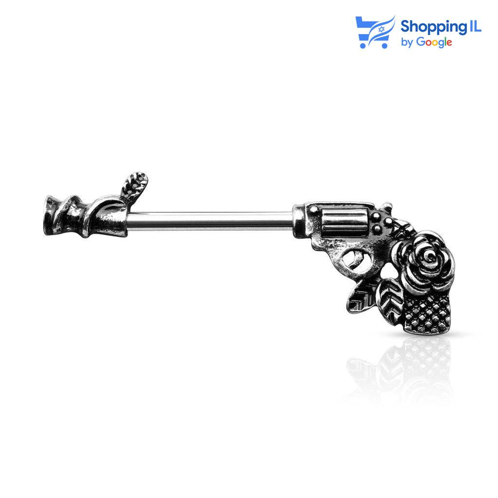 עגיל לפיטמה Guns N' Roses- עשוי מתכת רפואית. העגיל בעיצוב אקדח מערבונים מעוטר בורדים ומצופה בכסף עתיק. צבע - כסף עתיק מידה - מגיע בעובי 1.6 מ"מ ובאורך 16 מ"מ  העגיל מיועד בעיקר לאזורים הבאים: - פירסינג בפיטמה