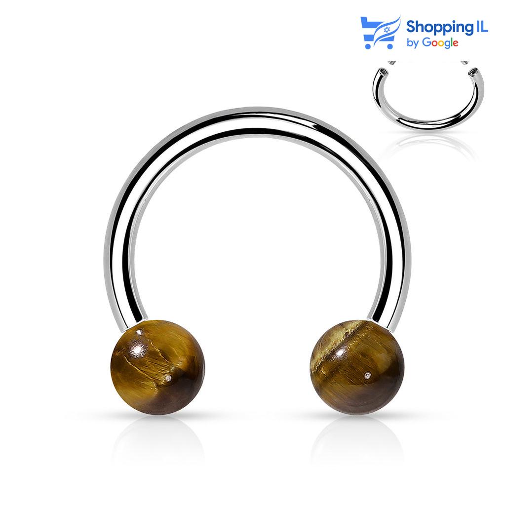 עגיל פרסת האבן חו- עגיל פרסה עשוי מתכת רפואית . עגיל פרסה משובץ זוג אבני חן בהברגה פנימית. משובץ אבני: היולייט | עין הנמר | אגט | רוז קוורץ | סודלייט. צבע - לבן מידה - מגיע בעובי 1.2 מ"מ ובאורך 10 מ"מ קוטר סוגרים - 4 מ"מ  העגיל מיועד בעיקר לאזורים הבאים: - פירסינג בפיטמה - פירסינג ספטום - פירסינג בטבור - פירסינג הליקס - כמובן שניתן לענוד את העגיל גם באזורים אחרים (: