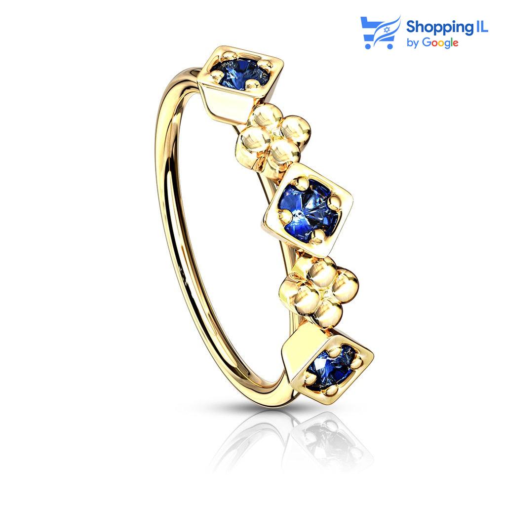 חישוק תלתן - עגיל חישוק פתוח עשוי מתכת רפואית מצופה זהב 14 קראט, סגירת החישוק מתבצעת בעזרת כיפוף. העגיל בעיצוב סט זירקונים בצבעים שונים עם עלי תלתן המפרידים ביניהם צבע - כחול, אדום מידה - מגיע בעובי של 0.8  מ"מ ובקוטר 8 מ"מ  העגיל מיועד בעיקר לאזורים הבאים: - פירסינג נזם - הליקס דק שנעשה בעזרת אקדח - רוק פירסינג