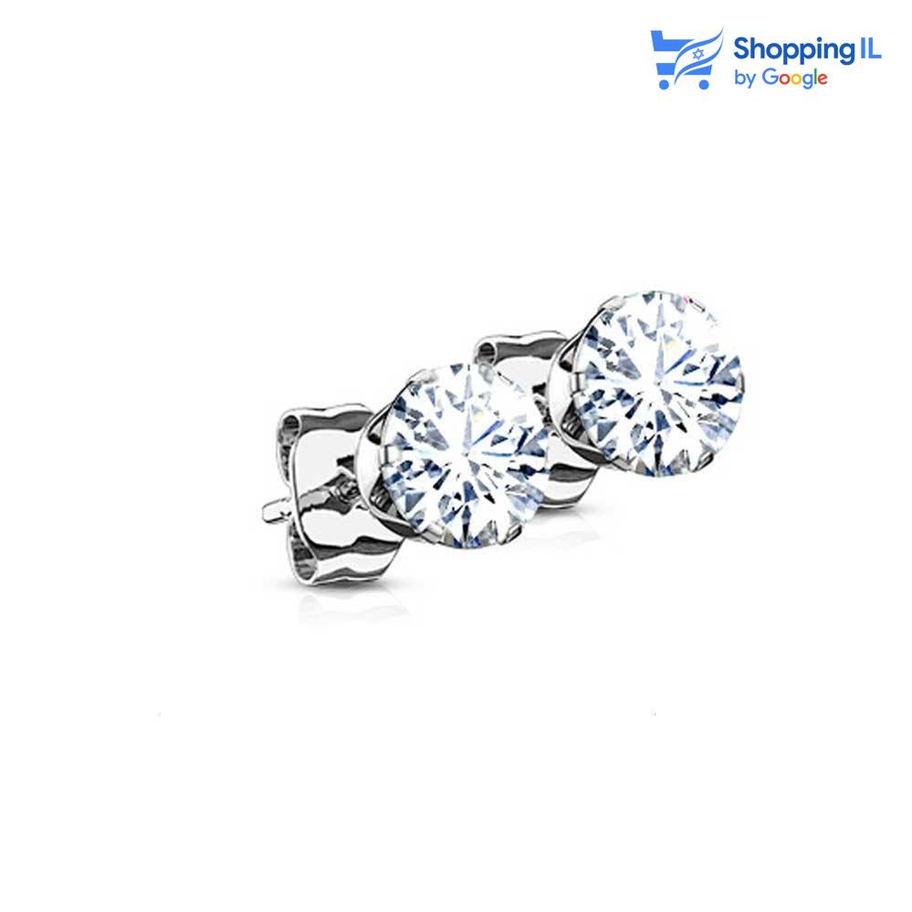  זוג זוג עגילי "יהלום" -  עשויים מתכת רפואית. זוג עגילים צמודים משובצים אבן זירקון בסגנון יהלום. צבע - כסוף מידה - מגיע בעובי של 0.8 וקוטר זירקון 2/3/4/5  העגילים מיועדים בעיקר לאזורים הבאים: - תנוך עגילי יהלום - עגילים לגברים - יהלום עגול