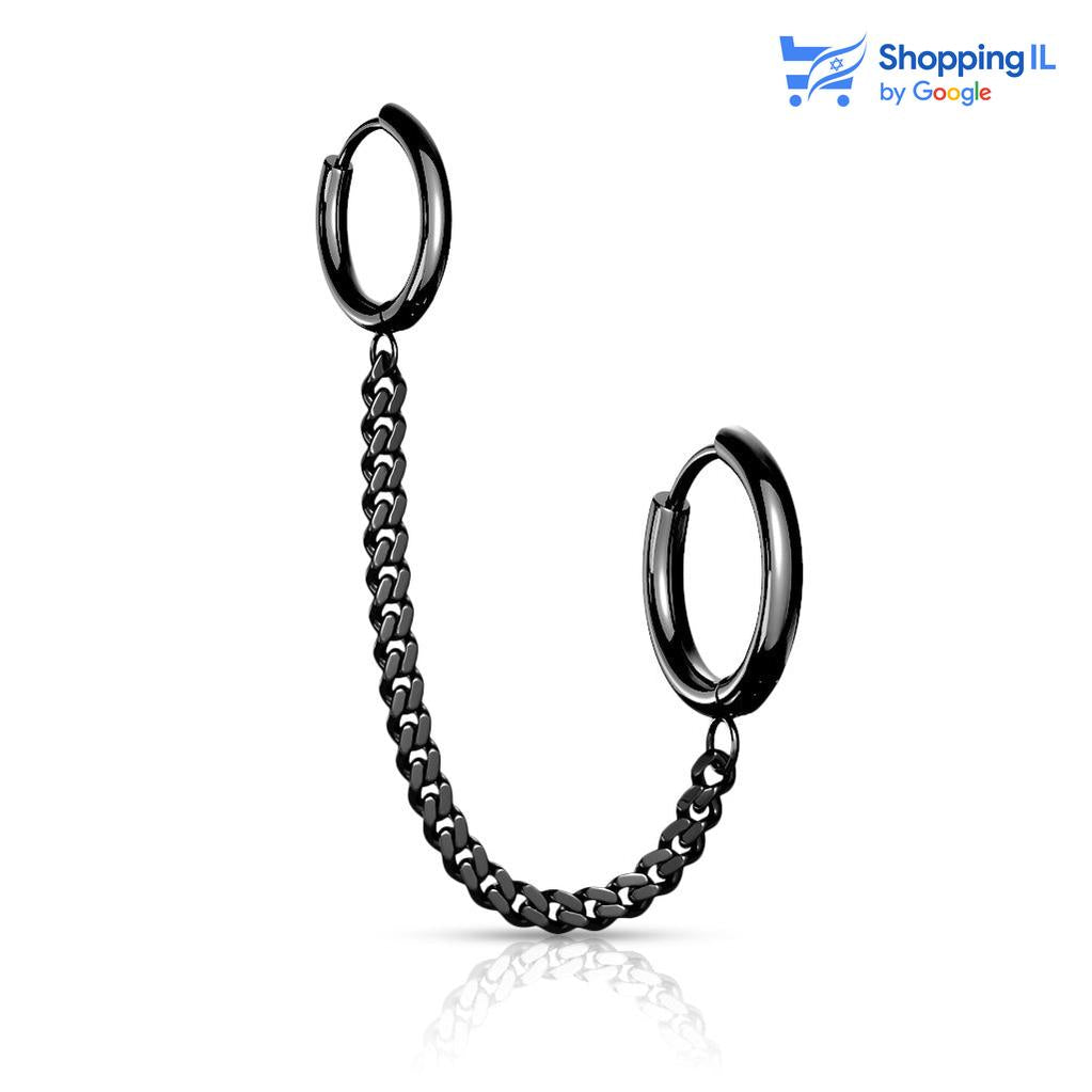 דאבל קליק  - עשוי מתכת רפואית. העגיל בעיצוב זוג חישוקים מחוברים בעזרת שרשרת. צבע - כסוף מידה - מגיע בעובי של 1 מ"מ החישוקים בקוטר של 10&8 מ"מ  העגיל מיועד בעיקר לאזורים הבאים: - זוג נקבים בתנוך - כמובן שניתן לענוד את העגיל גם באזורים אחרים (: