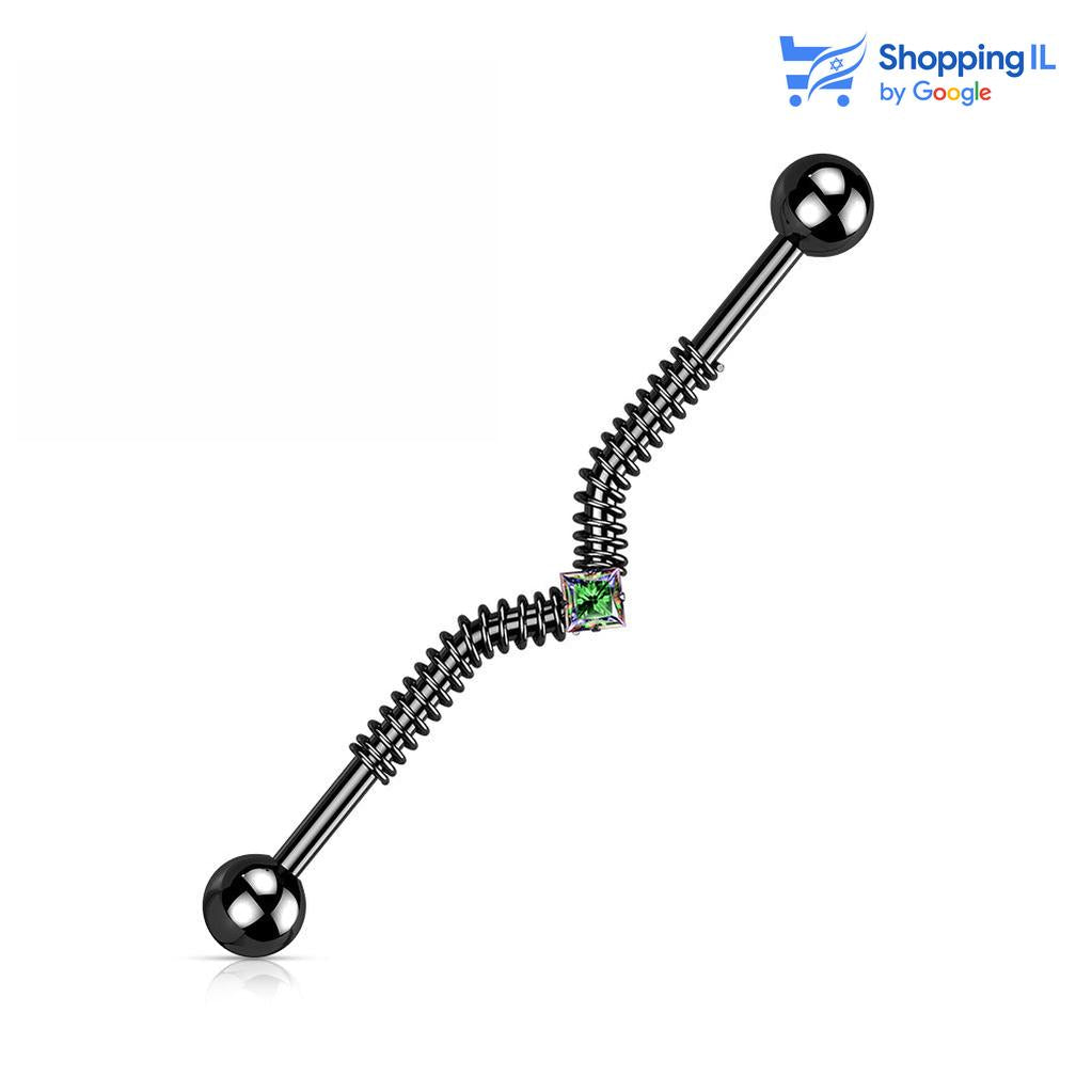 אינדסטריאל ספייק - עשוי מתכת רפואית. העגיל בעיצוב אינדסטריאל משובץ אבן קריסטל מרובעת במרכז עם זוג קפיצים מושחלים למראה ייחודי. צבע- זהב, שחור, כסף מידה - מגיע בעובי 1.6 מ"מ ובאורך 38 מ"מ קוטר סוגר - 5 מ"מ  העגיל מיועד בעיקר לאזורים הבאים: - פירסינג אינדסטריאל 