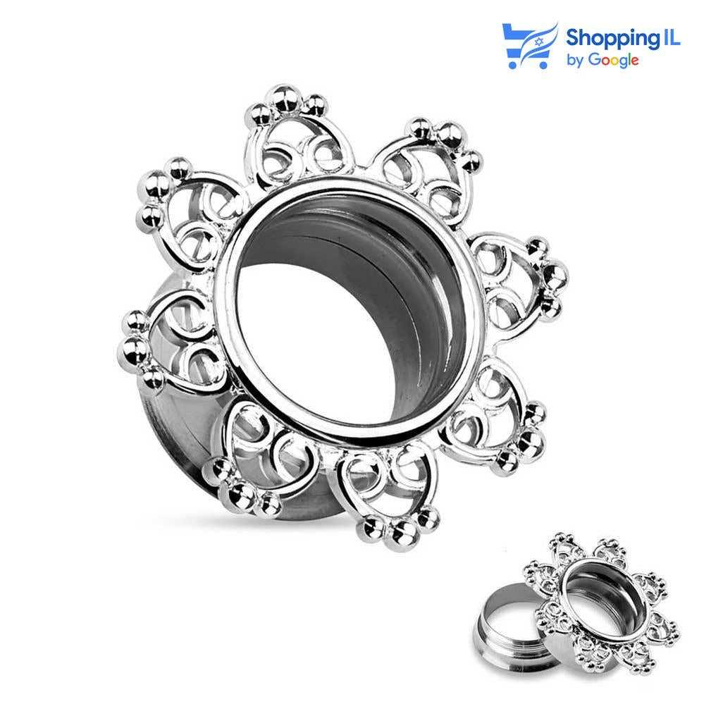 הרחבת טרייבל מגן שבטי - עשויה מתכת רפואית . העגיל בעיצוב הרחבת הברגה בעיצוב מגן שבטי. צבע - כסוף מידה - מגיע בקוטר 6-14 מ"מ