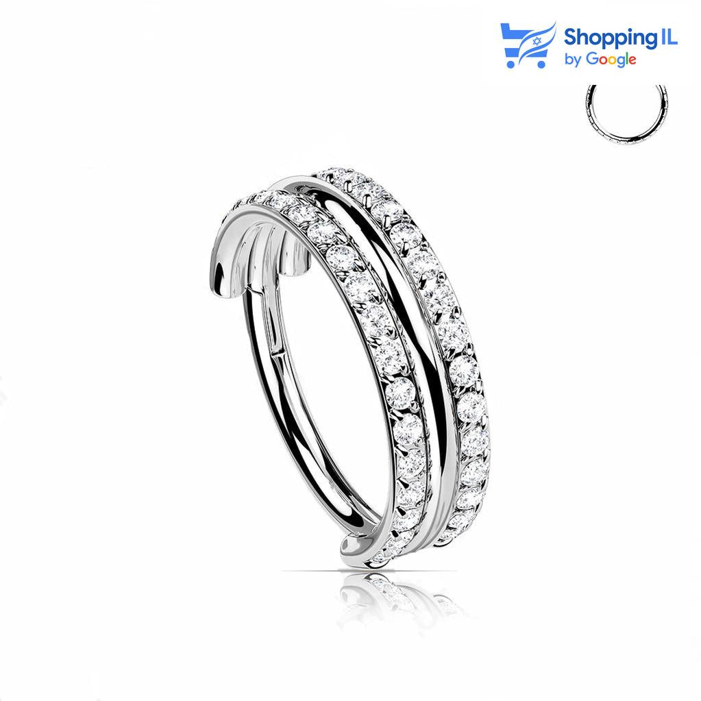 חישוק מירנדה טיטניום- חישוק מירנדה עשוי טיטניום TITANIUM 6AL-4V-ELI ASTM F-136. העגיל בעיצוב חישוק קליקר כפול ומשובץ באבני זירקון. צבע - זהב, כסף מידה - מגיע בעובי של 1.2 מ"מ ובקוטר 10 מ"מ  העגיל מיועד בעיקר לאזורים הבאים: - פירסינג הליקס - פירסינג דיית' - פירסינג ספטום - פירסינג בטבור - פירסינג קונץ' - כמובן שניתן לענוד את העגיל גם באזורים אחרים (: