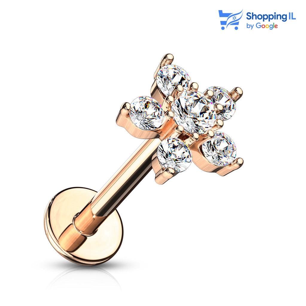 עגיל פרח מצופה זהב- עגיל פרח עשוי מתכת רפואית מצופה זהב 14K ובעלת הברגה פנימית. העגיל בעיצוב פרח משובץ זירקונים. צבע - זהב, זהב רוז מידה - מגיע בעובי של 1.2 מ"מ ובאורך 6 מ"מ  העגיל מיועד בעיקר לאזורים הבאים: - פירסינג קונץ' - פירסינג הליקס - פירסינג פלאט - פירסינג טראגוס - כמובן שניתן לענוד את העגיל גם באזורים אחרים (: