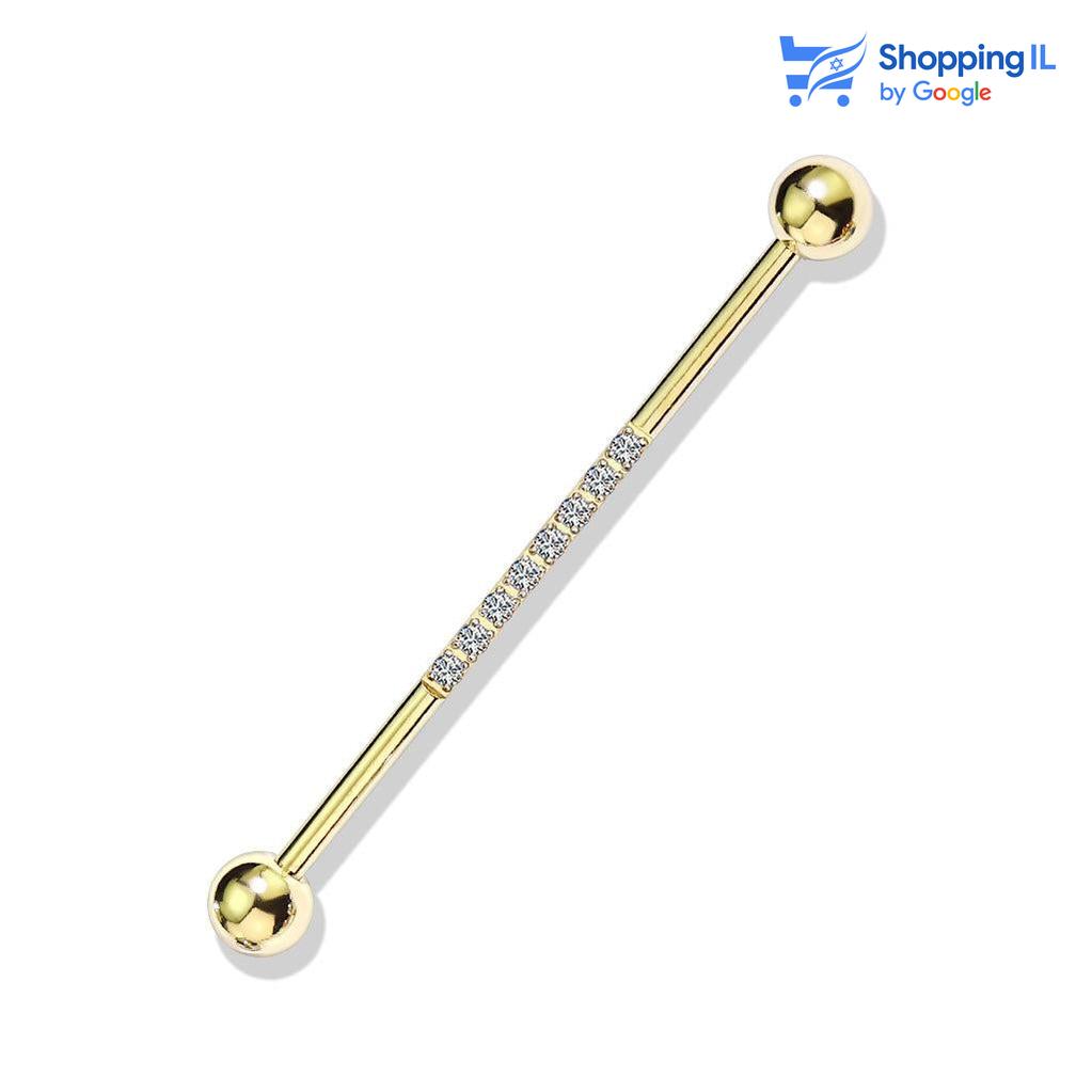 עגיל אינדסטריאל -  עגיל אינדסטריאל פשוט וקלאסי משובץ שמונה אבני זירקון במרכז העגיל. צבע - כסף, זהב, שחור מידה - מגיע בעובי 1.6 מ"מ ובאורך 38 מ"מ קוטר סוגר - 5 מ"מ  העגיל מיועד בעיקר לאזורים הבאים: - פירסינג אינדסטריאל 