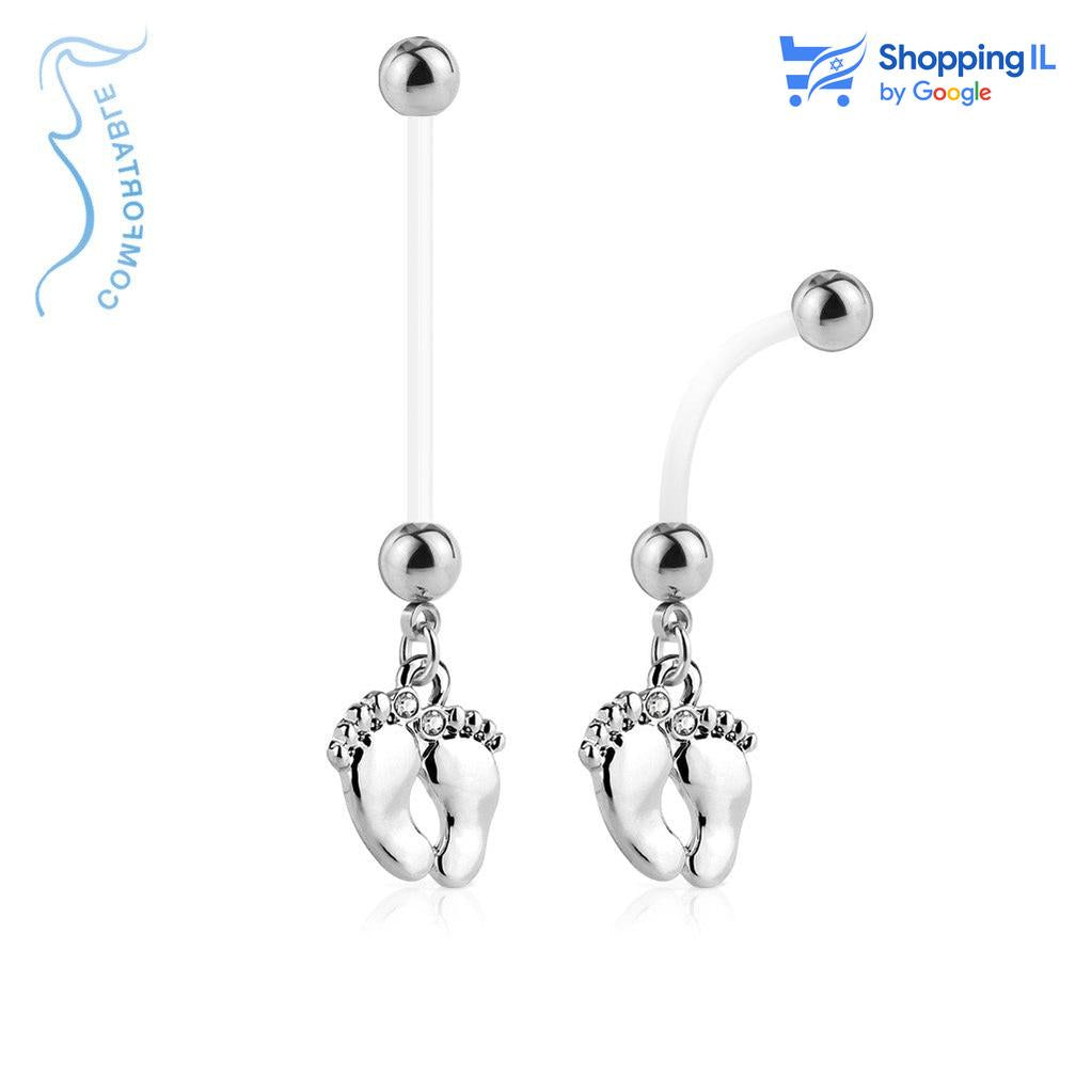 עגיל לטבור בייבי רוז- עשוי ביופלקס. עגיל לטבור עשוי ביופלקס עם תליון כפות רגליים של תינוק בצבע זהב רוז ומשובצות זוג זיקונים קטנים ומנצנצים. צבע - זהב רוז, כסף מידה - מגיע בעובי של 1.6 מ"מ ובאורך 25 מ"מ קוטר סוגר - 5 מ"מ  מידע כללי ודרכי שימוש בעגיל : עגיל הביופלקס הוא עגיל גמיש, שמאפשר לגזור את המוט ולהתאים אותו לגופך, הוא מומלץ בעיקר לנשים בהריון משום שהוא לא מפריע לבטן להתפתח ולא מפריע להליכים רפואיים כמו MRI ו CT. העגיל מיועד בעיקר לאזורים הבאים: - פירסינג בטבור