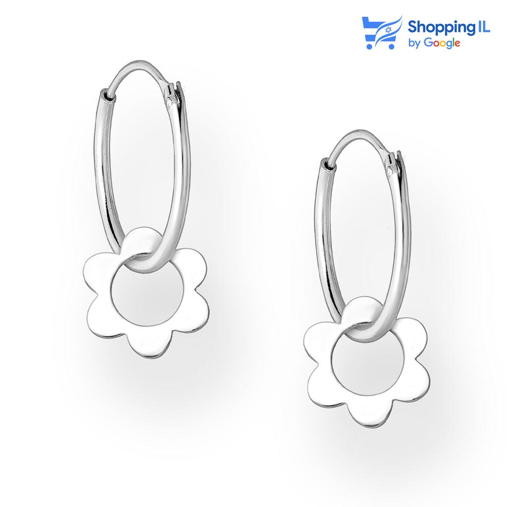 זוג עגילי פרח - זוג עגילי חישוק עשויים כסף 925. עגילי חישוק כסף סטרלינג מחוברים אל פרח כסף תלוי. צבע - כסף  מידה - מגיע בעובי של 0.8 מ"מ ובקוטר 11 מ"מ קוטר פרח - 8 מ"מ  העגילים מיועד בעיקר לאזורים הבאים: - עגילים בתנוך האוזן