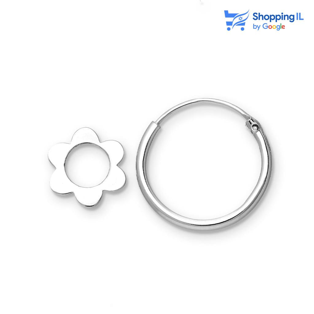 זוג עגילי פרח - זוג עגילי חישוק עשויים כסף 925. עגילי חישוק כסף סטרלינג מחוברים אל פרח כסף תלוי. צבע - כסף  מידה - מגיע בעובי של 0.8 מ"מ ובקוטר 11 מ"מ קוטר פרח - 8 מ"מ  העגילים מיועד בעיקר לאזורים הבאים: - עגילים בתנוך האוזן