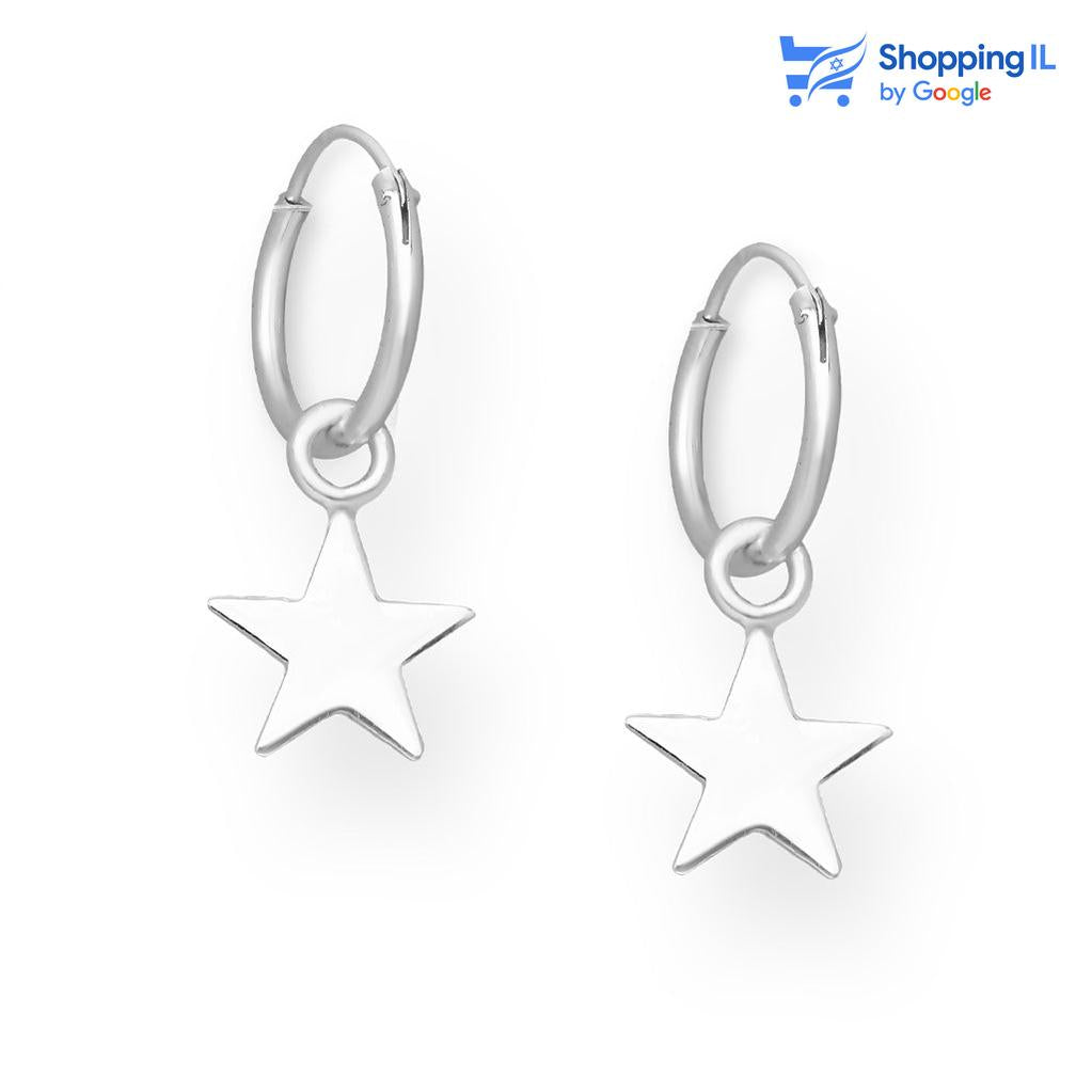עגילי סטאר- זוג עגילי חישוק עשויים כסף. זוג חישוקים פשוטים מעוטרים בכוכב כסף צבע - כסף מידה - מגיע בעובי מוט של 0.8 מ"מ ובקוטר 10 מ"מ  העגילים מיועדים בעיקר לאזורים הבאים: - עגילים בתנוך האוזן