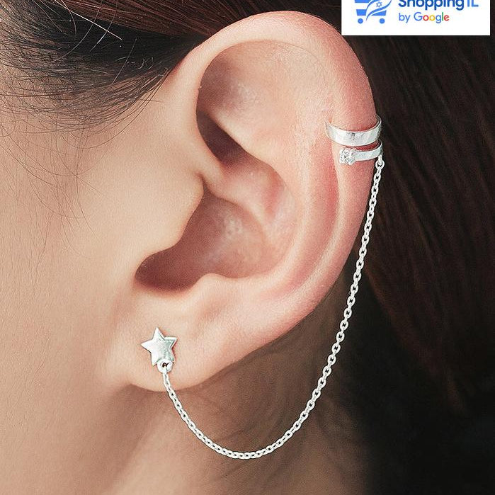 עגיל שרשרת כוכב- עגיל שרשרת עשוי כסף 925. זוג עגילים כוכב וקליפס לתלייה בהליקס (לא נדרש נקב בהליקס) מחוברים בעזרת שרשרת באורך 8 ס"מ. צבע - כסף מידה - מגיע בעובי של 0.8 מ"מ ובאורך 8שרשרת של ס"מ  העגיל מיועד בעיקר לאזורים הבאים: - מתאים לנקבים בתנוך, לא נדרש נקב בהליקס - כמובן שניתן לענוד את העגיל גם באזורים אחרים (: