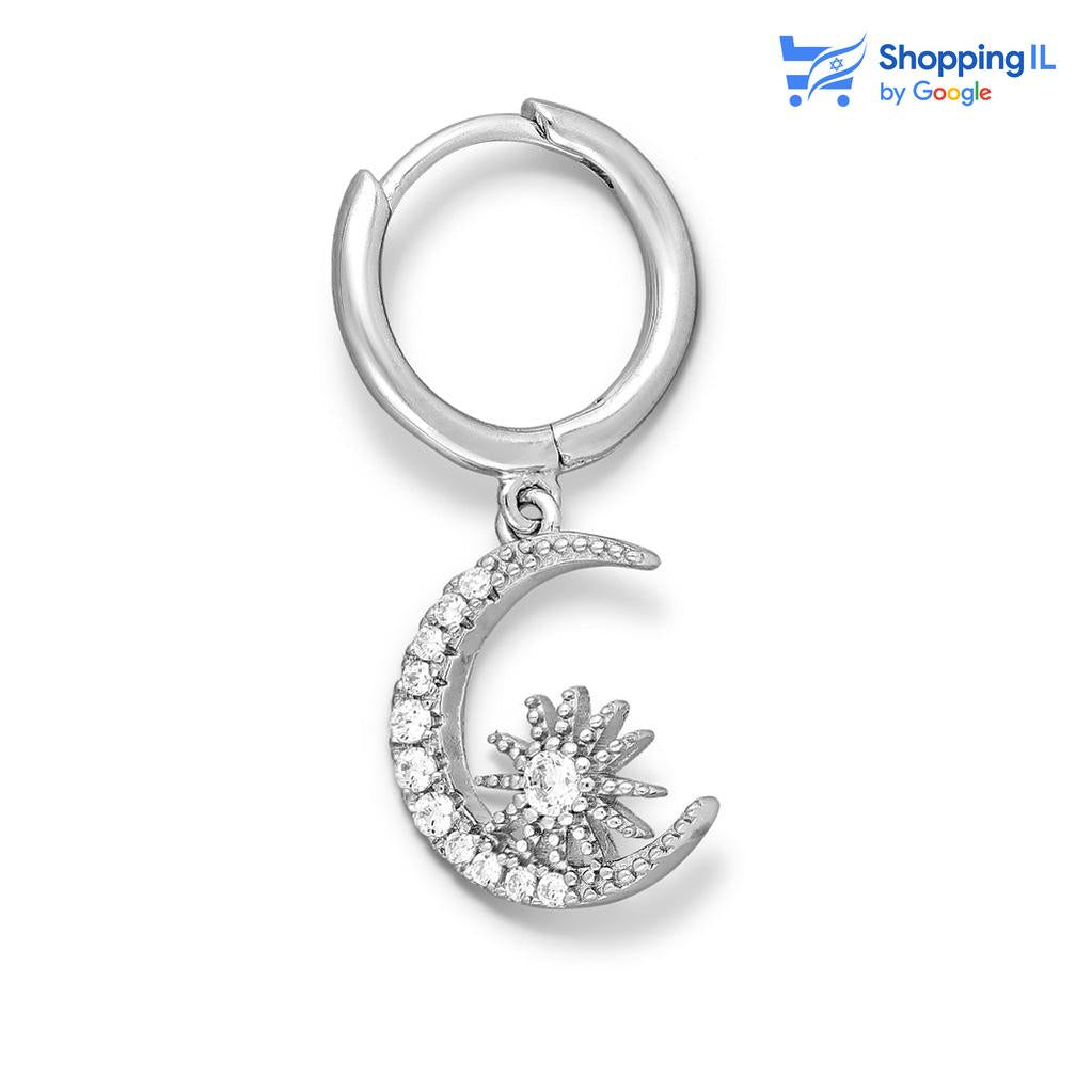 עגילי השחר העולה- זוג עגילי חישוק עשויים כסף 925 מצופים רודיום. העגילים נותנים מראה של ירח באוזן אחת ושמש באוזן השנייה, שני העגילים מרוצפים באבני זירקון. צבע - כסף  מידה - מגיע בעובי מוט של 0.8 מ"מ ובקוטר 9 מ"מ