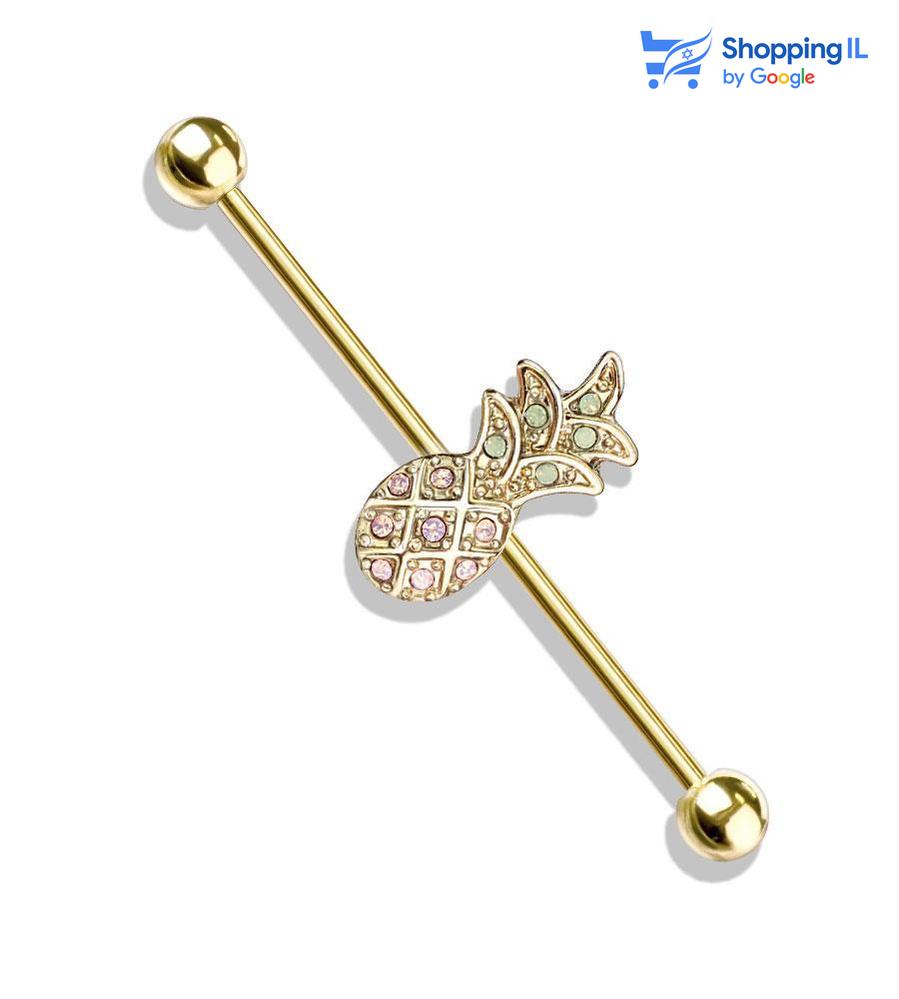 עגיל אננס  - עשוי מתכת רפואית. העגיל בעיצוב מוט עם אננס טרופי משובץ אבני זירקון במרכז. צבע - זהב מידה - מגיע בעובי 1.6 מ"מ ובאורך 38 מ"מ קוטר סוגר - 5 מ"מ  העגיל מיועד בעיקר לאזורים הבאים: - פירסינג אינדסטריאל 