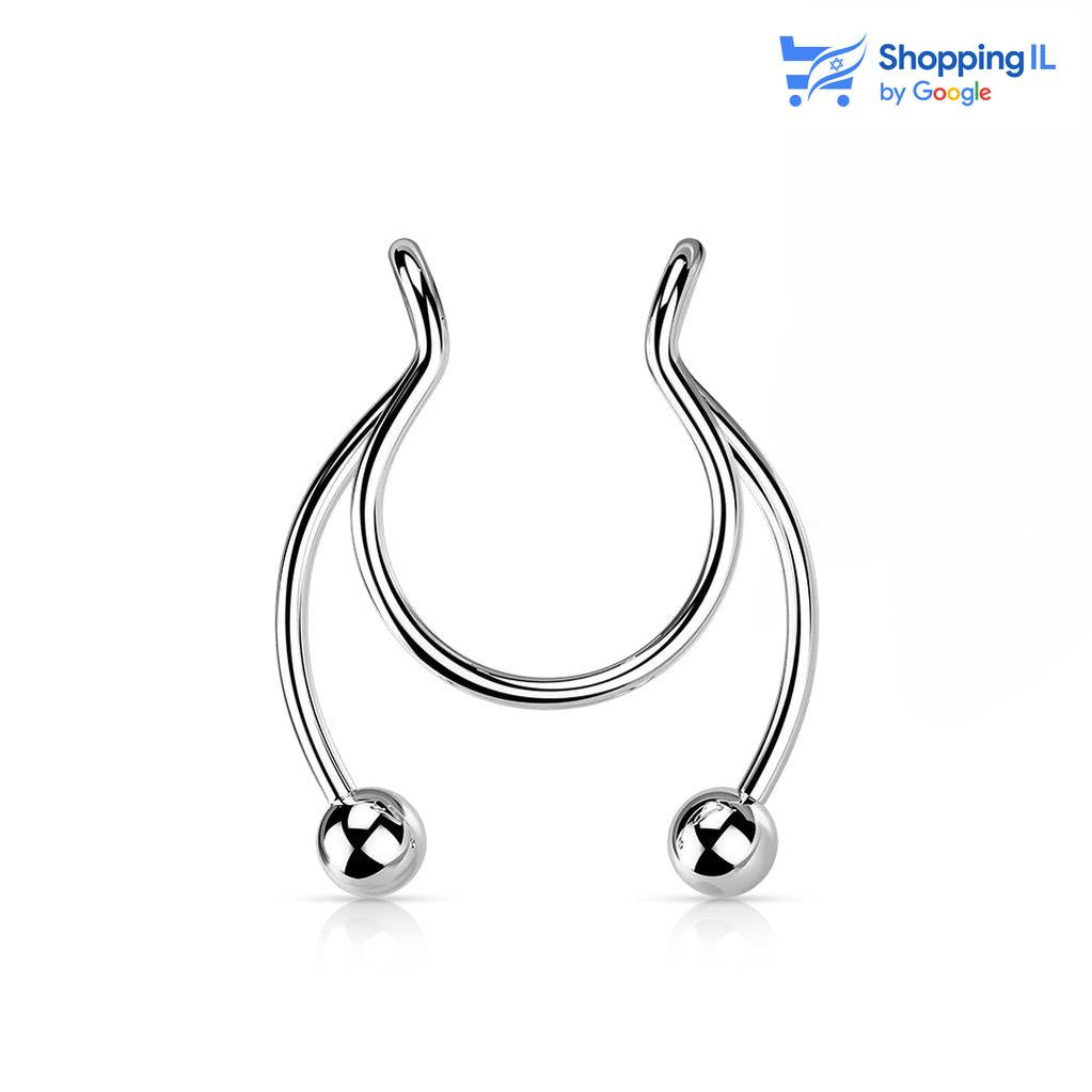 עגיל ספטום פרסה מזויף- עשוי מתכת רפואית, את העגיל ניתן לענוד כספטום ללא נקב. העגיל בעיצוב פרסה גולות מזויפת ללא הבחנה.  צבע - כסף עובי - 0.8 מ"מ  העגיל מיועד בעיקר לאזורים הבאים: - פירסינג ספטום - כמובן שניתן לענוד את העגיל גם באזורים אחרים (: