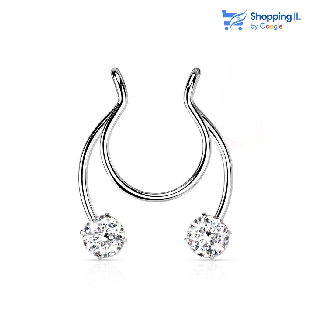 עגיל ספטום מזויף - פרסה זירקון - עשוי מתכת רפואית, את העגיל ניתן לענוד כספטום ללא נקב. העגיל בעיצוב פרסה מזויפת, עם זוג זירקונים. צבע - כסף עובי - 1 מ"מ קוטר זירקון - 4 מ"מ   העגיל מיועד בעיקר לאזורים הבאים: - פירסינג ספטום - כמובן שניתן לענוד את העגיל גם באזורים אחרים (: