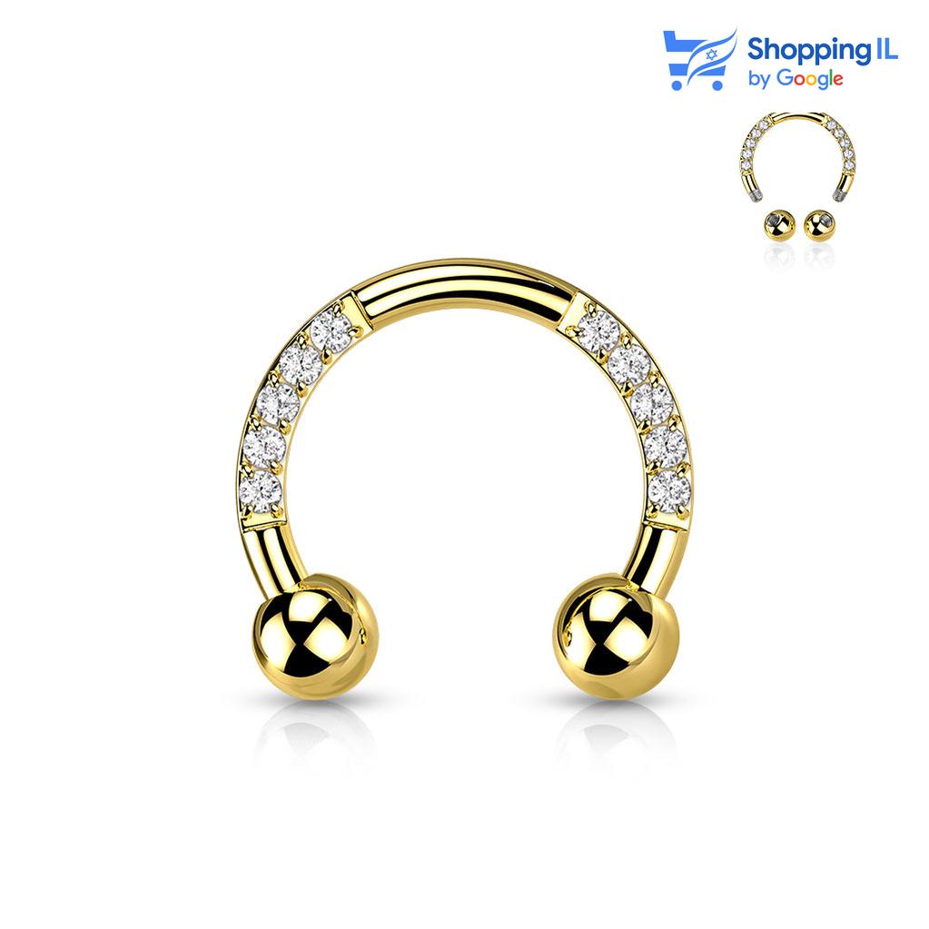 עגיל פרסה משובצת זירקונים- עגיל פרסה עשוי טיטניום TITANIUM 6AL-4V-ELI ASTM F-136. העגיל בעיצוב פרסה קלאסית המשובצת באבני זירקון צבע - כסף, זהב, שחור מידה - מגיע בעובי של 1.2 מ"מ ובאורך 8 מ"מ קוטר סוגר - סוגר 3 מ"מ   העגיל מיועד בעיקר לאזורים הבאים:  - פירסינג הליקס - פירסינג טראגוס  - פירסינג ספטום