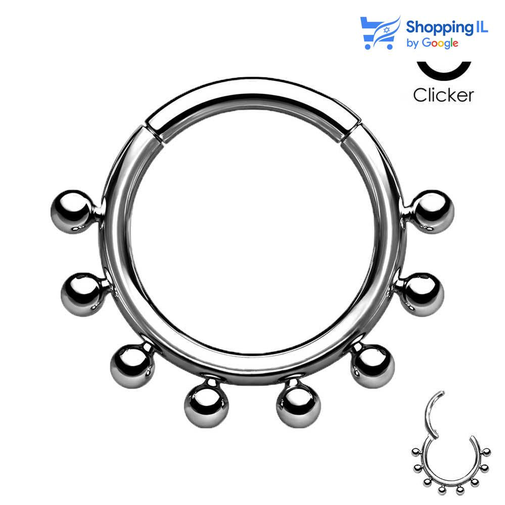 חישוק שמש טיטניום- חישוק שמש עשוי טיטניום TITANIUM 6AL-4V-ELI ASTM F-136. העגיל בעיצוב חישוק עם סגירת קליקר מוקף כדורים קטנים שמזכירים שמש. צבע - כסוף כהה מידה - מגיע בעובי של 1.2 מ"מ ובקוטר 8/10 מ"מ  העגיל מיועד בעיקר לאזורים הבאים: - פירסינג הליקס - פירסינג בפיטמה - פירסינג דיית' - פירסינג ספטום - כמובן שניתן לענוד את העגיל גם באזורים אחרים (: