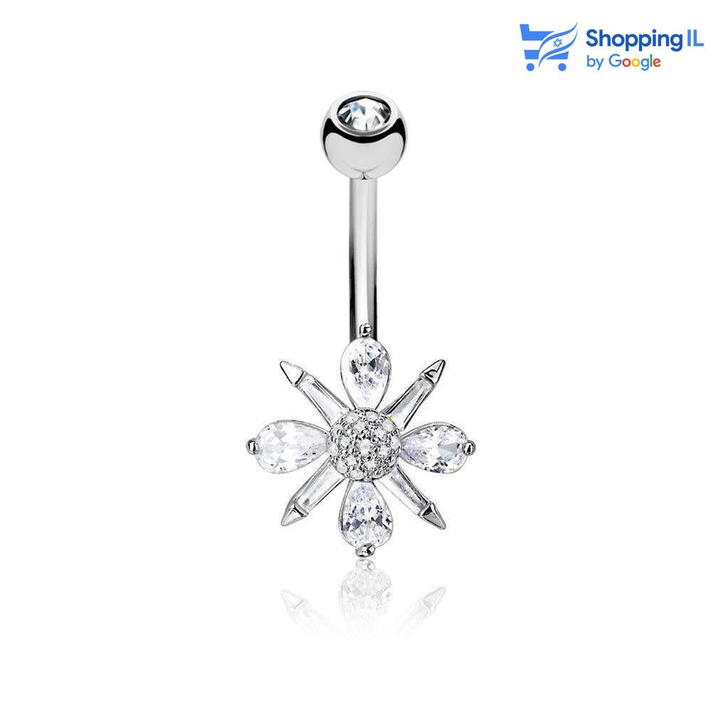 עגיל לטבור בלום - עשוי מתכת רפואית. העגיל בעיצוב פרח משובץ זירקונים בסגנון פרח,  מקולקציית - הגינה של לאבאס. צבע - כסוף מידה - מגיע בעובי של 1.6 מ"מ ובאורך 10 מ"מ קוטר סוגר - 5 מ"מ  העגיל מיועד בעיקר לאזורים הבאים: - פירסינג בטבור - כמובן שניתן לענוד את העגיל גם באזורים אחרים (: