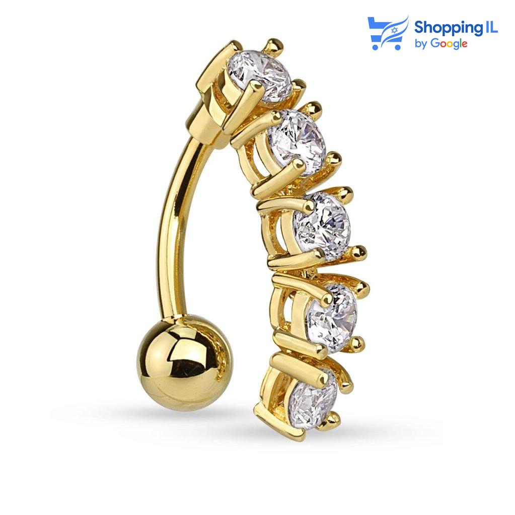 עגיל לטבור Snake - עשוי מתכת רפואית מצופה זהב 14K. העגיל בעיצוב מוט בננה מצופה בזהב עם תליון הפוך משובץ חמישה אבני זירקון. מצופה - זהב 14 קראט מידה - מגיע בעובי של 1.6 מ"מ ובאורך 10 מ"מ קוטר סוגר - 5 מ"מ  העגיל מיועד בעיקר לאזורים הבאים: - פירסינג בטבור - כמובן שניתן לענוד את העגיל גם באזורים אחרים (: