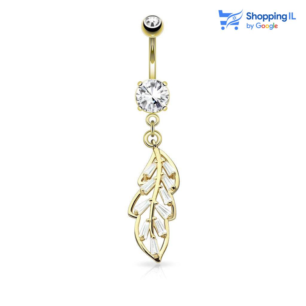 עגיל לטבור ויסטריה - עשוי מתכת רפואית מצופה בזהב 14K. העגיל בעיצוב מוט בננה משובץ זוג זירקונים ומעוטר בתליון עלה מקולקציית - הגינה של לאבאס. מצופה - זהב 14 קארט מידה - מגיע בעובי של 1.6 מ"מ ובאורך 10 מ"מ קוטר סוגר - 5 מ"מ  העגיל מיועד בעיקר לאזורים הבאים: - פירסינג בטבור