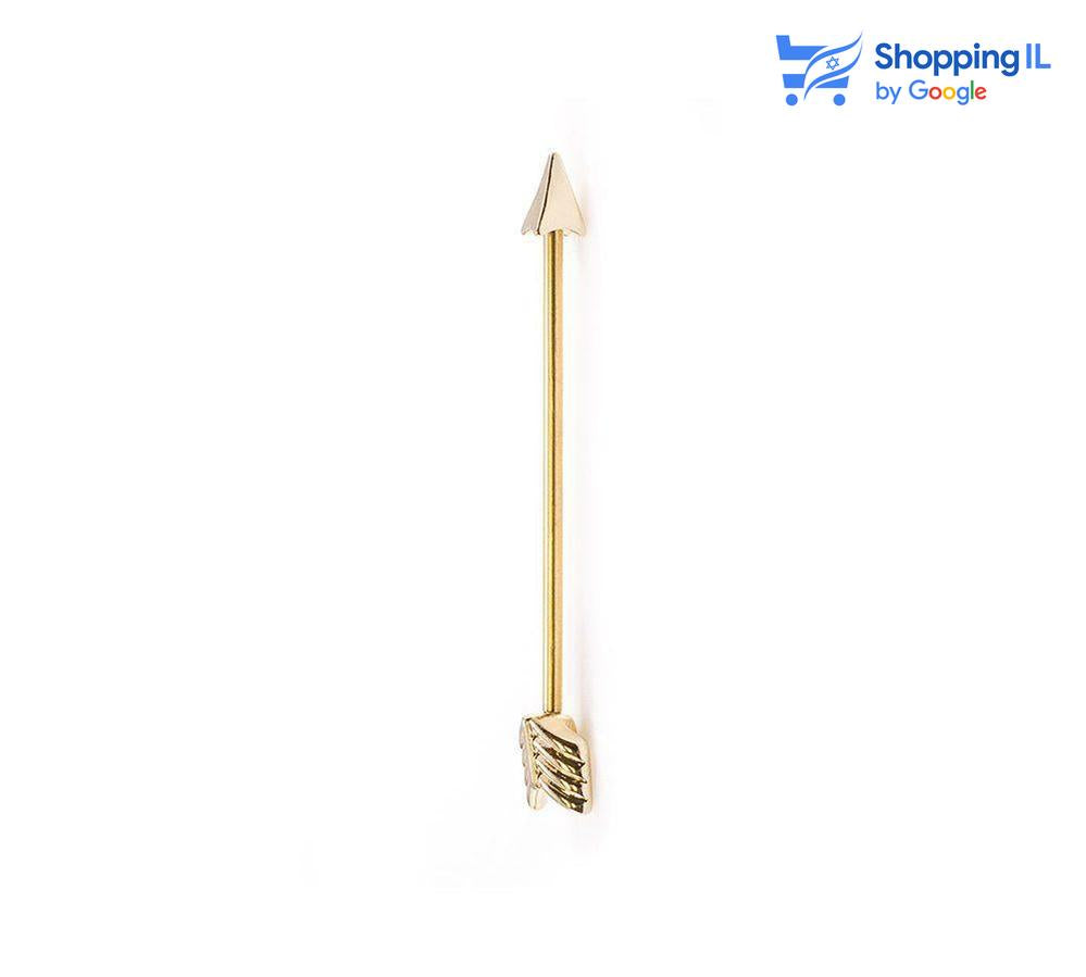 עגיל חץ זהב- עשוי מתכת רפואית מצופה זהב. העגיל בעיצוב חץ זהב עדין. צבע - זהב מידה - מגיע בעובי 1.2/1.6 מ"מ ובאורך 38 מ"מ  העגיל מיועד בעיקר לאזורים הבאים: - פירסינג אינדסטריאל 