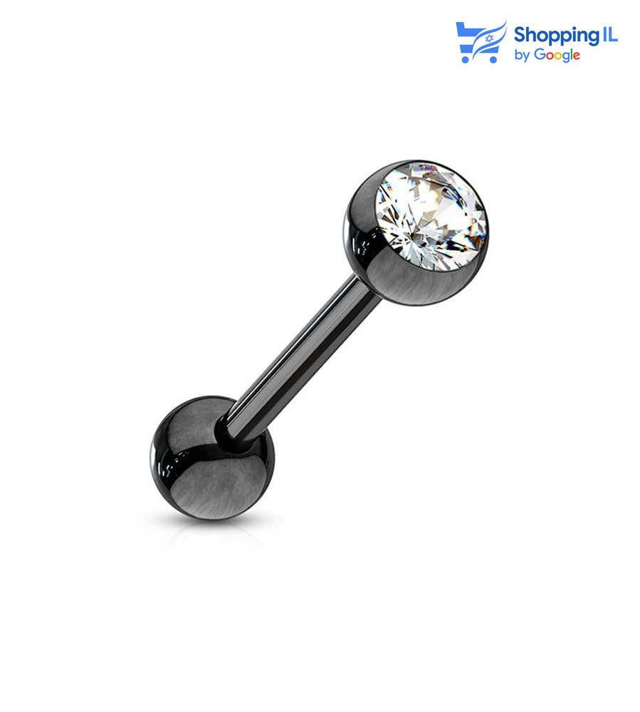 עגיל ללשון מקס טיטניום- עגיל ללשון עשוי מתכת רפואית מצופה טיטניום שחור. עגיל ברבל עם סוגר קריסטל בסוגר. צבע - שחור מידה - מגיע בעובי של 1.6 מ"מ ובאורך 16 מ"מ קוטר סוגרים - 5&6  העגיל מיועד בעיקר לאזורים הבאים: - פירסינג בלשון