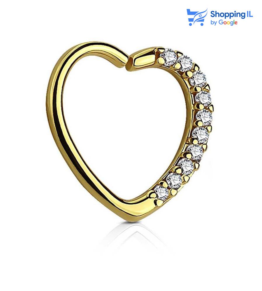 עגיל לב מצופה זהב משובץ זירקונים - עשוי מתכת רפואית מצופה זהב 14K, סגירת החישוק מתבצעת בעזרת כיפוף לאחד הצדדים. העגיל בעיצוב לב משובץ בחציו בזירקונים. מצופה - זהב 14 קראט מידה - מגיע בעובי של 1.2 מ"מ ובקוטר 10 מ"מ  העגיל מיועד בעיקר לאזורים הבאים: - פירסינג דיית' 