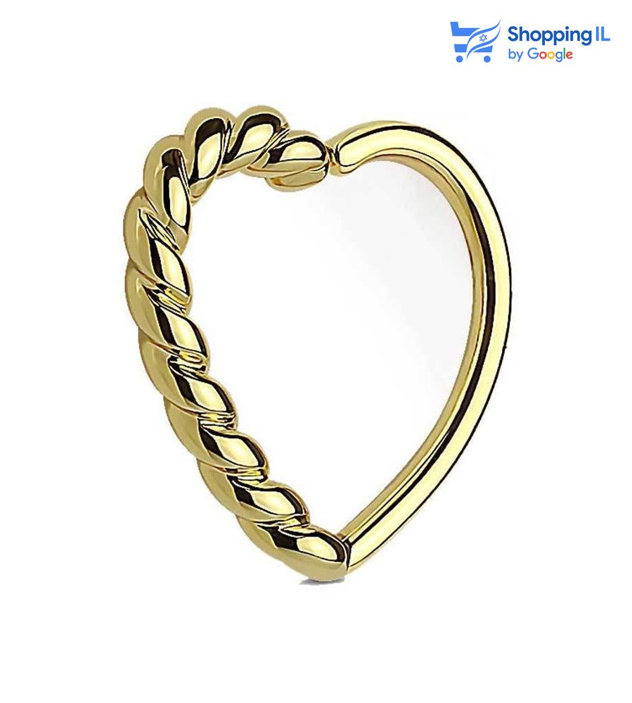 עגיל לב קלוע מצופה זהב -  עשוי מתכת רפואית מצופה זהב, סגירת החישוק מתבצעת בעזרת כיפוף לאחד הצדדים. העגיל בעיצוב לב קלוע. צבע - זהב מידה - מגיע בעובי של 1.2 מ"מ ובקוטר 10 מ"מ| מתאים לשני צדדי האוזניים