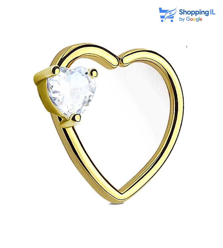 עגיל לב כפול מצופה זהב - עשוי מתכת רפואית מצופה זהב 14K , סגירת החישוק מתבצעת בעזרת כיפוף לאחד הצדדים. העגיל בעיצוב לב משובץ זירקון לב. מצופה - זהב 14 קראט מידה - מגיע בעובי של 1.2 מ"מ ובקוטר 10 מ"מ  העגיל מיועד בעיקר לאזורים הבאים: - פירסינג דיית'  - כמובן שניתן לענוד את העגיל גם באזורים אחרים (: