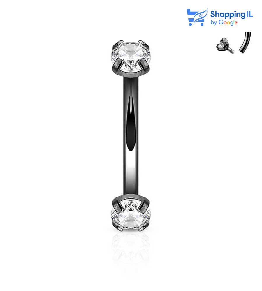 עגיל רז - עגיל בננה עשוי מתכת רפואית בעלת הברגה פנימית. העגיל בעיצוב עגיל בננה משובץ שני אבני זירקון בסוגרים. צבע - שחור מידה - מגיע בעובי של 1.2 מ"מ ובאורך 8 מ"מ קוטר סוגרים -3 מ"מ  העגיל מיועד בעיקר לאזורים הבאים: - פירסינג בגבה - פירסינג רוק - פירסינג בטבור (קצר ודק במידה מהסטנדרט) - כמובן שניתן לענוד את העגיל גם באזורים אחרים (: