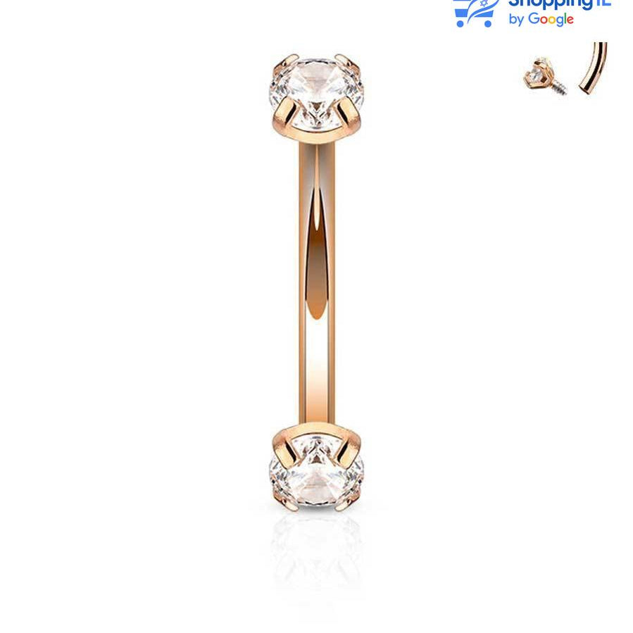 עגיל רז מצופה זהב רוז - עגיל בננה עשוי מתכת רפואית מצופה זהב רוז, ובעלת הברגה פנימית. העגיל בעיצוב עגיל בננה משובץ שני אבני זירקון בסוגרים. מצופה - זהב רוז מידה - מגיע בעובי של 1.2 מ"מ ובאורך 8 מ"מ קוטר סוגרים -3 מ"מ  העגיל מיועד בעיקר לאזורים הבאים: - פירסינג בגבה - פירסינג רוק - פירסינג בטבור (קצר ודק במידה מהסטנדרט) - כמובן שניתן לענוד את העגיל גם באזורים אחרים (: