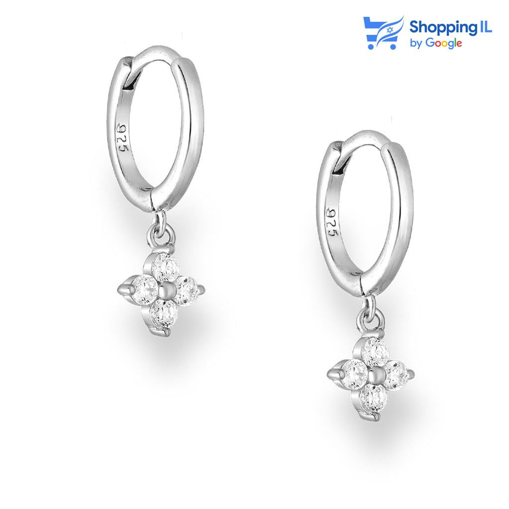 זוג עגילי Flower Drop - זוג עגילי חישוק עשויים כסף 925 העגילים בעיצוב של זוג פרחים תלויות משובצות אבני זירקון   עגילים קטנים למראה עדין, אלגנטי ויוקרתי.. חלק מסדרת עגילי הערב של לאבאס - עגילים שעשויים מחומרים איכותיים ומחמיאים לכל אירוע. צבע - כסף  מידה - מגיע בעובי של 0.8 מ"מ וקוטר חישוקים 10 מ"מ  העגיל מיועד בעיקר לאזורים הבאים: - עגילים בתנוך האוזן