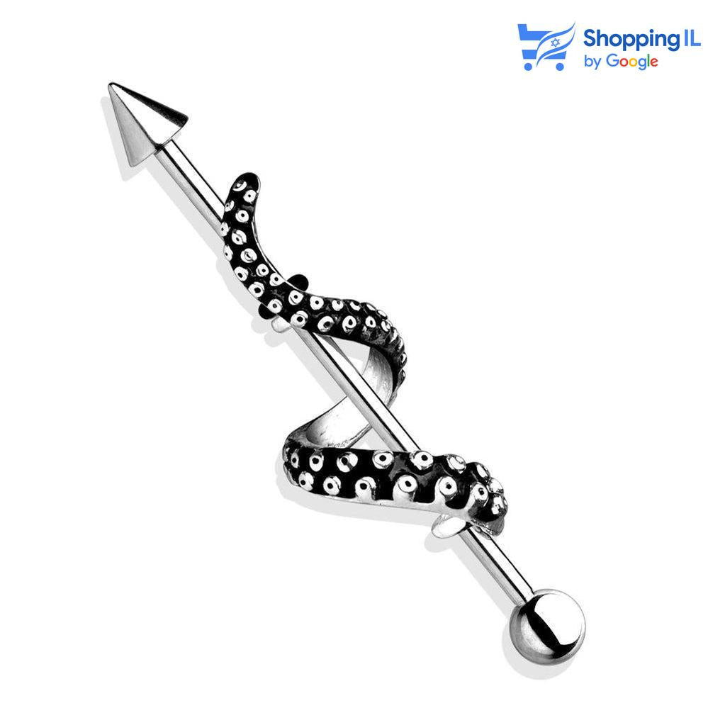 עגיל Octopus - עשוי מתכת רפואית. העגיל בעיצוב זרוע של תמנון מלופפת סביב "כידון" .העגיל מקולקציית - Under The Waves. צבע - זהב, כסוף מידה - מגיע בעובי 1.6 מ"מ ובאורך 38 מ"מ קוטר סוגר - 5 מ"מ  העגיל מיועד בעיקר לאזורים הבאים: - פירסינג אינדסטריאל 