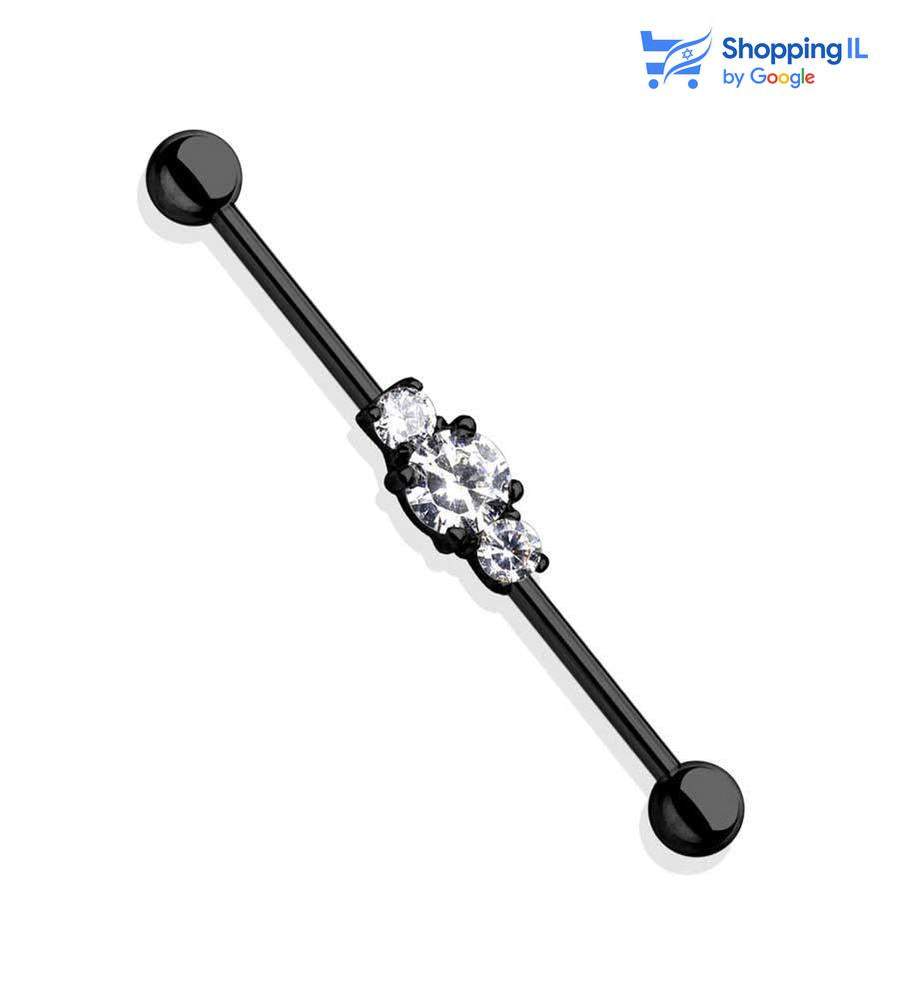 עגיל נועמי- עשוי מתכת רפואית שחורה. העגיל בעיצוב מוט משובץ שלושה אבני זירקון, עגיל קצר מהרגיל. צבע - שחור מידה - מגיע בעובי 1.6 מ"מ ובאורך 36 מ"מ קוטר סוגר - 5 מ"מ  העגיל מיועד בעיקר לאזורים הבאים: - פירסינג אינדסטריאל 