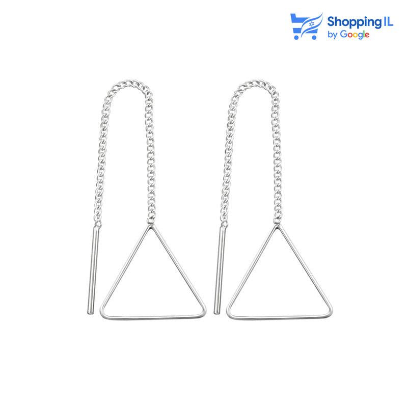 משולשים קטנים תלויים - זוג עגילים תלויים עשויים כסף 925. העגילים בעיצוב שרשרת כסף המחוברת מצידה האחד אל משולשים קטנים וחלולים ומהצד השני למוט כסף חלק. צבע - כסף מידה - מגיע בעובי של 1 מ"מ ואורך השרשרת הוא 4 ס"מ מידת המשולשים -12X13 מ"מ  העגיל מיועד בעיקר לאזורים הבאים: - עגילים בתנוך האוזן