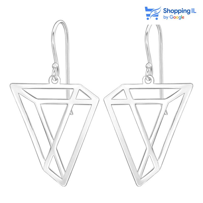 אייס - זוג עגילים עשויים כסף 925. זוג עגילי ערב תלויים בעיצוב גיאומטרי תלד מימד. צבע - כסף מידה - מגיע בעובי של 0.8 מ"מ  גודל התליון הוא 20X22 מ"מ  העגיל מיועד בעיקר לאזורים הבאים: - עגילים בתנוך האוזן
