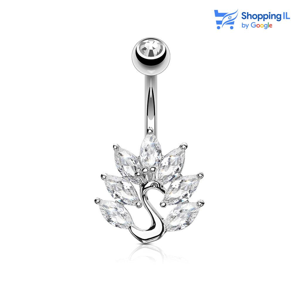 עגיל לטבור טווס קסום -  עשוי מתכת רפואית. העגיל משובץ זירקונים בעיצוב ברבור, עם אבן זירקון נוספת בסוגר. צבע - אקווה, קלייר מידה - מגיע בעובי של 1.6 מ"מ ובאורך 10 מ"מ קוטר סוגר - 5 מ"מ  העגיל מיועד בעיקר לאזורים הבאים: - פירסינג בטבור