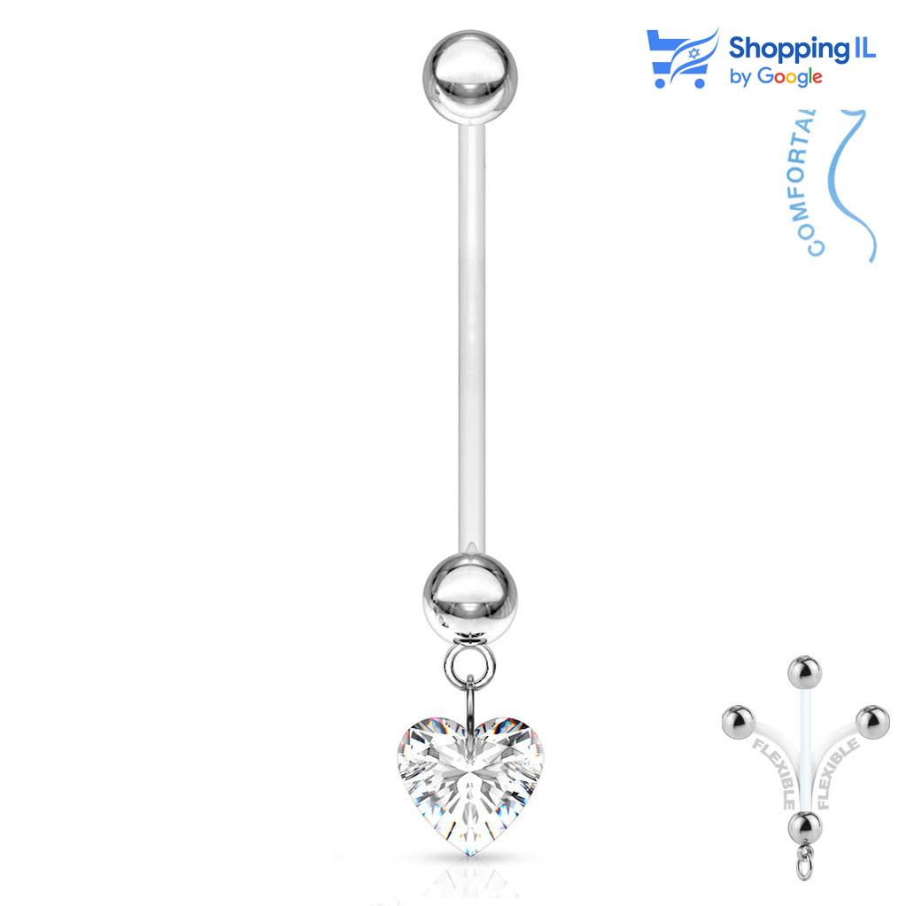 עגיל לטבור תליון לב- עשוי ביופלקס. עגיל לטבור עשוי ביופלקס עם תליון לבBaby on board. צבע - שקוף, ורוד אדום מידה - מגיע בעובי של 1.6 מ"מ ובאורך 25 מ"מ  מידע כללי ודרכי שימוש בעגיל : עגיל הביופלקס הוא עגיל גמיש, שמאפשר לגזור את המוט ולהתאים אותו לגופך, הוא מומלץ בעיקר לנשים בהריון משום שהוא לא מפריע לבטן להתפתח ולא מפריע להליכים רפואיים כמו MRI ו CT. העגיל מיועד בעיקר לאזורים הבאים: - פירסינג בטבור