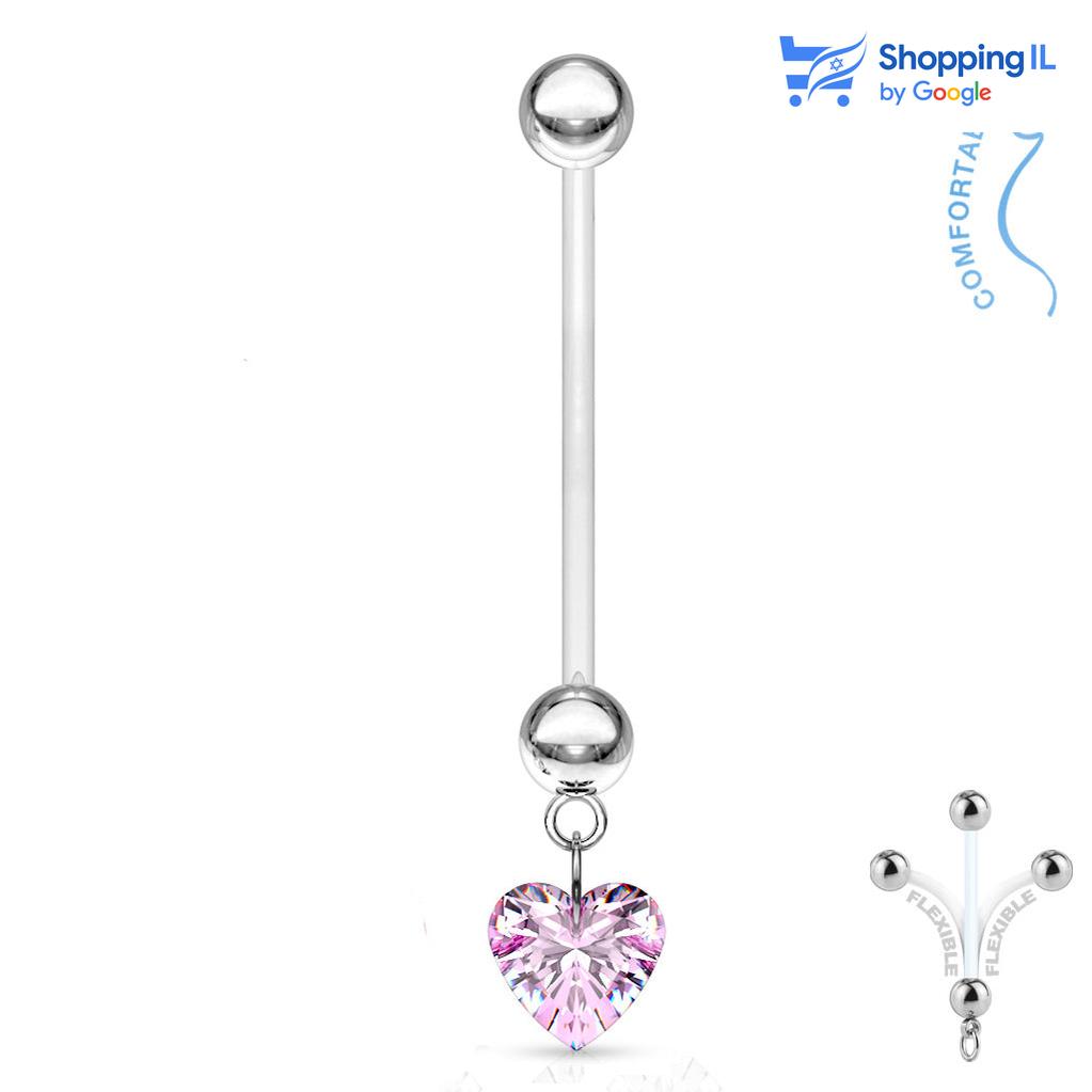 עגיל לטבור תליון לב- עשוי ביופלקס. עגיל לטבור עשוי ביופלקס עם תליון לבBaby on board. צבע - שקוף, ורוד אדום מידה - מגיע בעובי של 1.6 מ"מ ובאורך 25 מ"מ  מידע כללי ודרכי שימוש בעגיל : עגיל הביופלקס הוא עגיל גמיש, שמאפשר לגזור את המוט ולהתאים אותו לגופך, הוא מומלץ בעיקר לנשים בהריון משום שהוא לא מפריע לבטן להתפתח ולא מפריע להליכים רפואיים כמו MRI ו CT. העגיל מיועד בעיקר לאזורים הבאים: - פירסינג בטבור