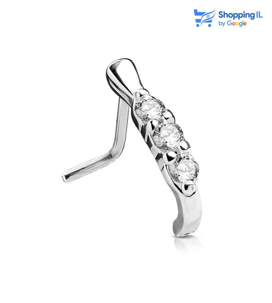 עגיל נזם שלושת הזירקונים - עשוי מתכת רפואית. העגיל בעיצוב חובק ומשובץ שלושה אבני זירקון במרכז העגיל. צבע - כסוף מידה - מגיע בעובי של 0.8 מ"מ ובאורך 6 מ"מ  העגיל מיועד בעיקר לאזורים הבאים: - פירסינג נזם