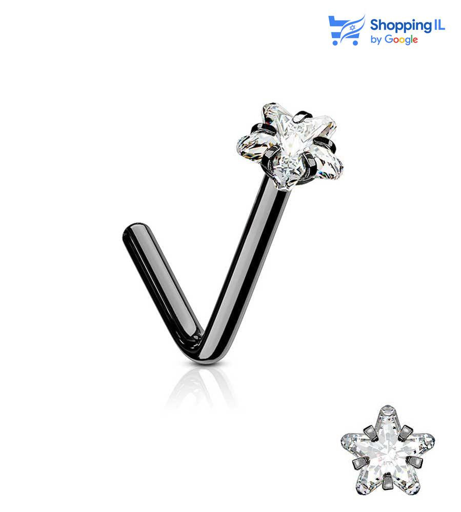 עגיל נזם כוכב מנצנץ - עשוי מתכת רפואית. העגיל בעיצוב מוט "ר" משובץ אבן זירקון כוכב. צבע - זהב רוז, שחור מידה - מגיע בעובי של 0.8 מ"מ ובאורך 6 מ"מ  העגיל מיועד בעיקר לאזורים הבאים: - פירסינג נזם