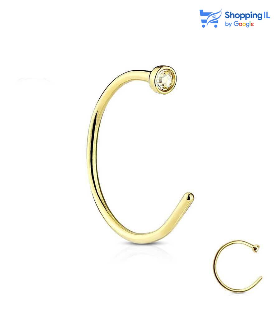 עגיל נזם חישוק עדין מצופה זהב- חישוק עשוי מתכת רפואית מצופה בזהב. העגיל בעיצוב חישוק משובץ זירקון נקודה. מצופה - זהב מידה - מגיע בעובי של 0.8 מ"מ ובאורך 8 מ"מ  העגיל מיועד בעיקר לאזורים הבאים: - פירסינג נזם