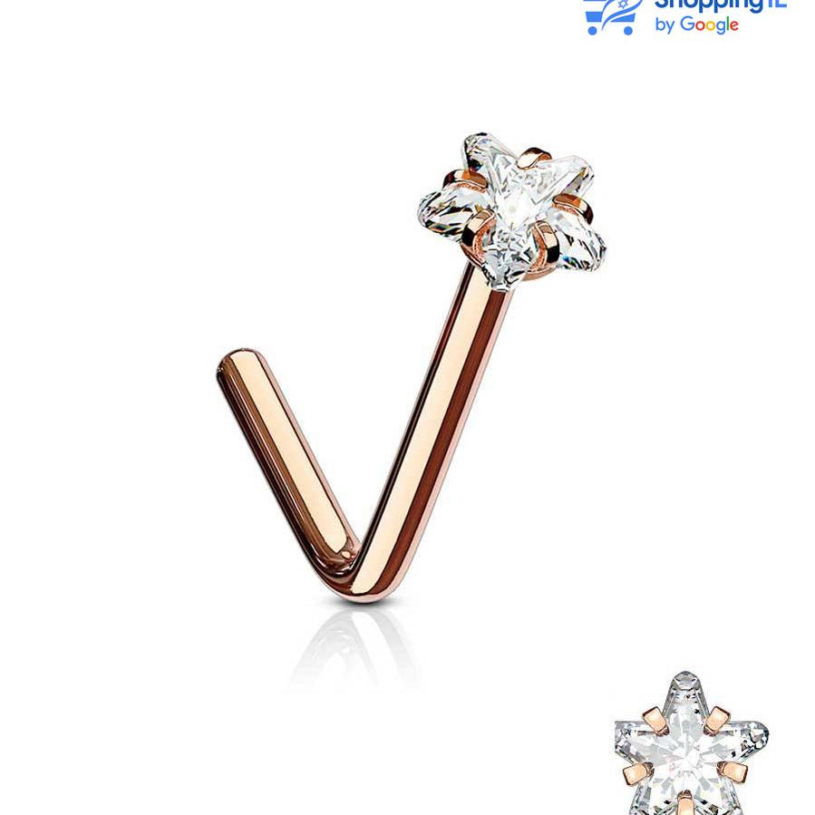 עגיל נזם כוכב מנצנץ - עשוי מתכת רפואית. העגיל בעיצוב מוט "ר" משובץ אבן זירקון כוכב. צבע - זהב רוז, שחור מידה - מגיע בעובי של 0.8 מ"מ ובאורך 6 מ"מ  העגיל מיועד בעיקר לאזורים הבאים: - פירסינג נזם