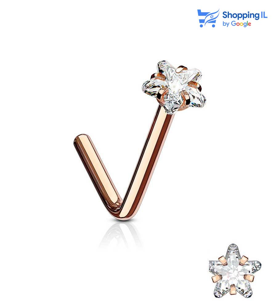 עגיל נזם כוכב מנצנץ - עשוי מתכת רפואית. העגיל בעיצוב מוט "ר" משובץ אבן זירקון כוכב. צבע - זהב רוז, שחור מידה - מגיע בעובי של 0.8 מ"מ ובאורך 6 מ"מ  העגיל מיועד בעיקר לאזורים הבאים: - פירסינג נזם